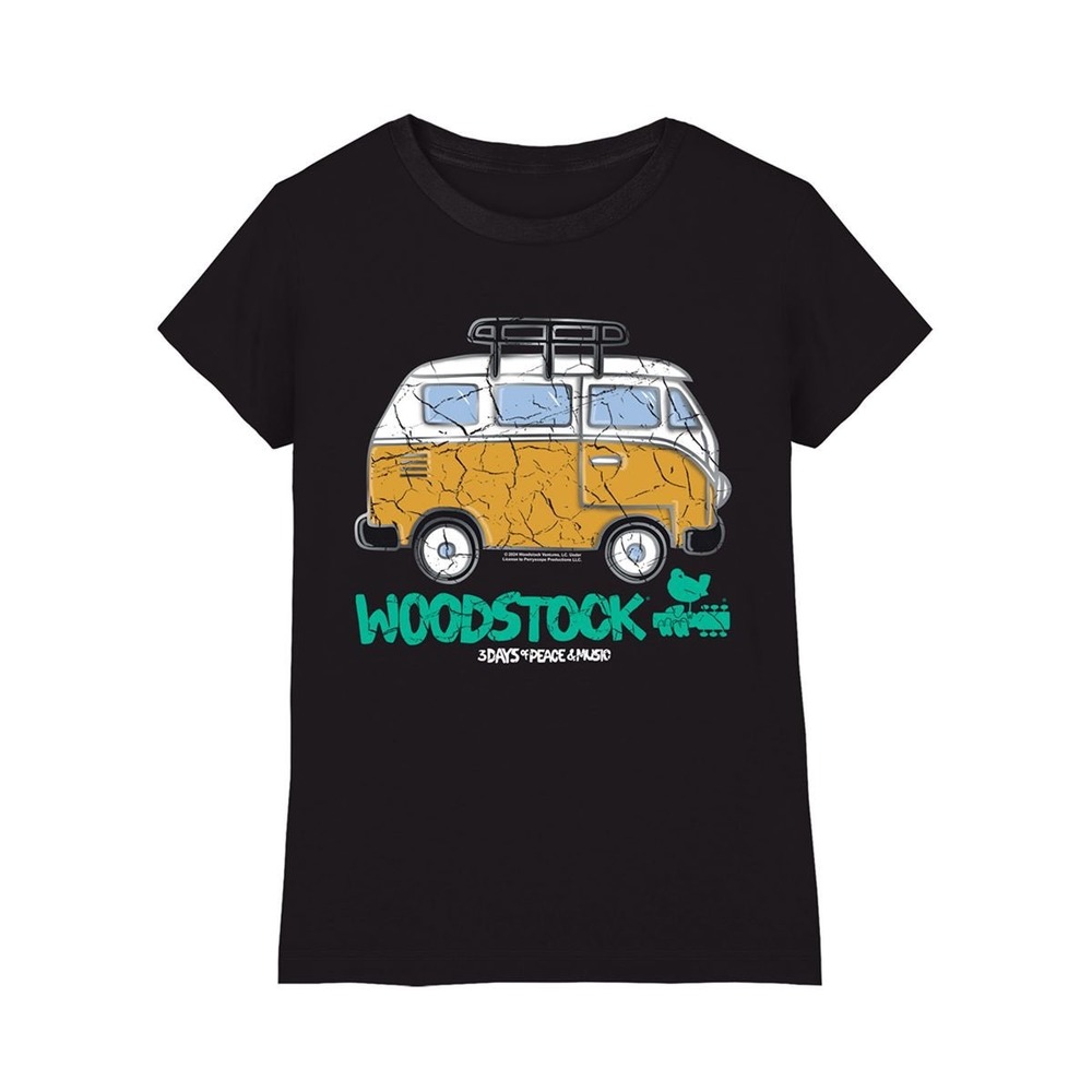 Woodstock 3 Days of Peace & Music Black Graphic T-Shirt Vintage Bus